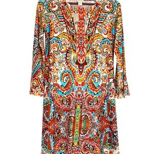 NWT Chico's Red & Gold & Blue Multicolor Paisley Long Sleeve Dress Size 0